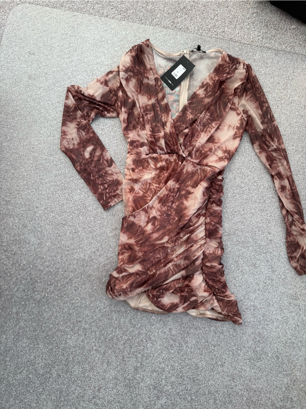 Fashion Nova Brown Tie-Dye Long Sleeve Ruched Mini Dress